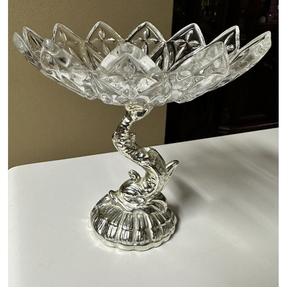 Vintage Cut Glass And Metal Fish Pedestal Candy Bowl Home Decor